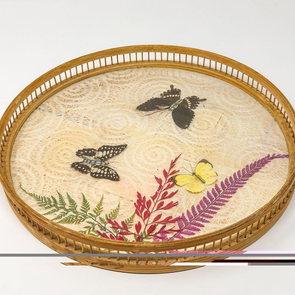 Vintage Bamboo Tray Real Butterfly Wings Pressed Flowers Round Serving